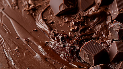 A high-angle, close-up macro shot reveals a dynamic composition of dark chocolate.  The image showcases both smooth, melted chocolate, exhibiting fluid brushstrokes and textures, and sharply defined,