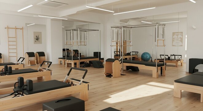 Modern Pilates Studio Interior with Reformer Machines, Ladder Barrel, and Exercise Equipment, Bright and Spacious Room with Large Mirrors, Light Wood Flooring.