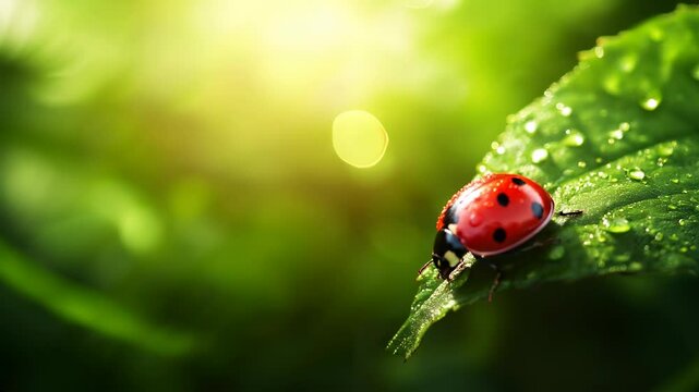  Spotted ladybug crawls on dewy green leaf, showcasing its glossy red shell and black spots.