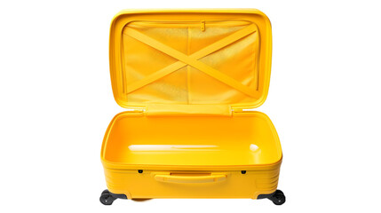 Open yellow suitcase with x straps inside on a black background shot