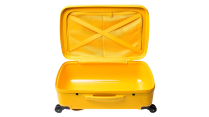Open yellow suitcase with x straps inside on a black background shot