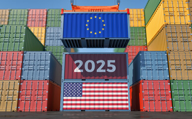 Trading 2025. Cargo Container with European Union and USA flag. 3D Rendering