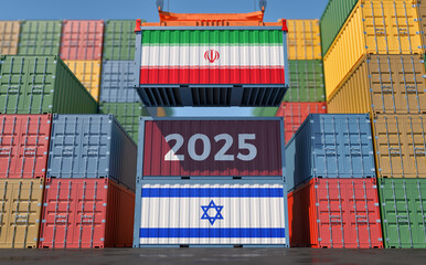 Trading 2025. Cargo Container with Iran and Israel flag. 3D Rendering