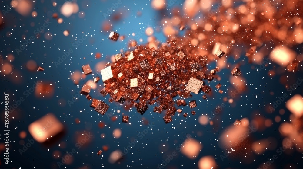 Poster dynamic abstract rendering of floating copper cubes digital graphics studio environment 3d visualiza