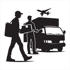 Courier Delivering Carrying Box Silhouette on isolated white background