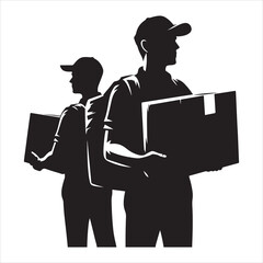 Courier Delivering Carrying Box Silhouette on isolated white background