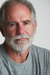 Obraz premium The image is a tight, close-up shot of a senior man's face, filling most of the frame. The man has short, gray hair and a full, neatly trimmed gray beard. His skin shows signs of aging with visible