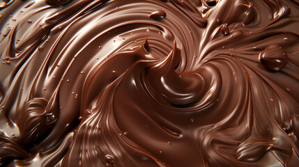 High-angle, close-up macro shot of swirling, melted chocolate. The image showcases a dynamic texture with varying shades of brown, highlighting the glossy and smooth surface of the chocolate.  The