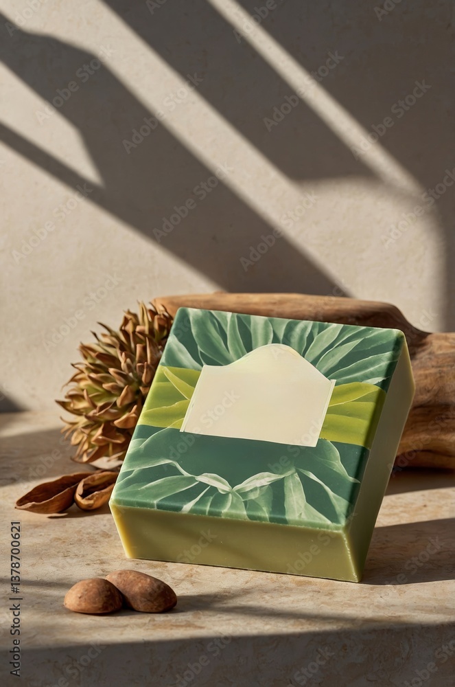 Poster intricately designed soap resting on a textured surface with natural decorative elements in soft lig
