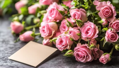 A vibrant bouquet of pink roses with a blank card on a textured dark surface, perfect for a romantic gesture.
