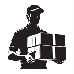 Courier Delivering Carrying Box Silhouette on isolated white background