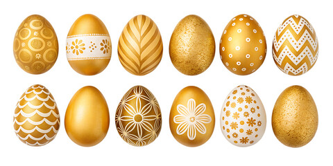 Fototapeta premium various gold painted Easter eggs isolated on transparent background 