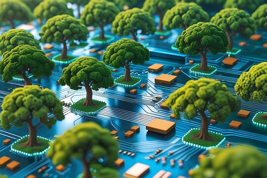 Digital Landscape with Trees and Rivers Connected by Technology Circuit Elements