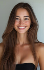 Fototapeta premium Close-up shot of a young woman's face and upper shoulders. The image is sharply focused on her bright smile, showcasing healthy teeth and glowing skin. Her long, brown hair frames her face, cascading