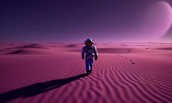Solitary Astronaut Trekking Across an Alien Planet's Crimson Sands Under a Purple Sky
