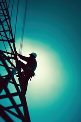 A man is climbing a tall structure with a blue sky in the background