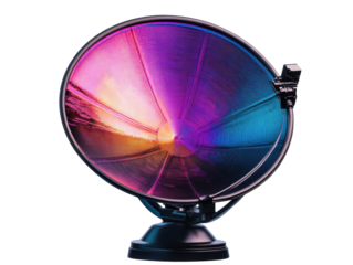 Retro satellite dish with vibrant colors and artistic design, cut out