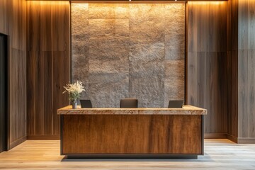 A modern wooden reception desk in an elegant interior space