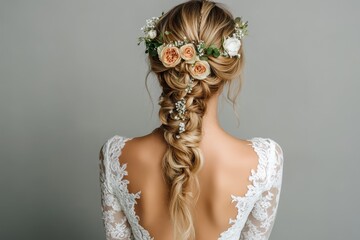 Bride showing braided hairstyle with flower crown and wedding dress