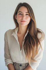 Naklejka premium A close-up, eye-level studio shot features a young woman with long, flowing brown hair cascading down her shoulders. She is wearing an unbuttoned cream-colored, collared shirt which reveals her neck