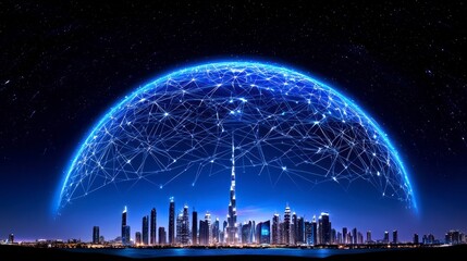 Fototapeta premium Glowing Blue Dome over Night City Skyline