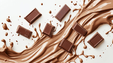 High-angle, close-up shot of a dynamic composition featuring a flowing swirl of melted milk chocolate against a stark white background. Several square pieces of dark chocolate are scattered amongst