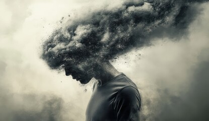 Silhouette of a man with a cloud of smoke emerging from his head, symbolizing abstraction and confusion.