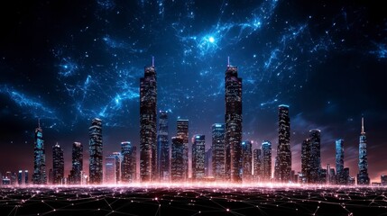 Glowing Cityscape at Night Under a Starry Purple and Blue Sky