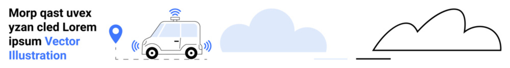 Self-driving car emitting wireless signals, location marker, cloud shapes, and simple landscape elements. Ideal for technology, smart transport, innovation, communication, GPS mobility simple
