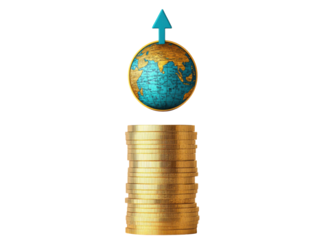 Global economy growth with rising coins and a world globe, cut out