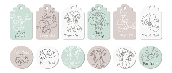 Rustic sticker set or greeting card template with outline flowers. Anniversary, birthday, wedding, party, social media banner set.