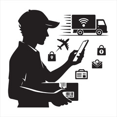 Courier Delivering Carrying Box Silhouette on isolated white background