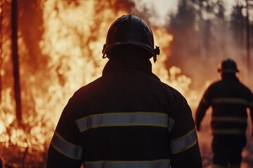 Firefighters working in perfect coordination combating wildfire