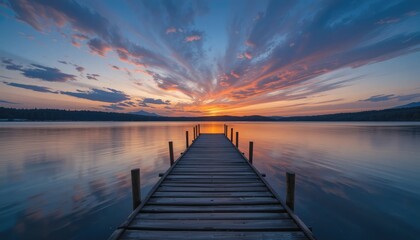 Naklejka premium Sunset at the Lake's Old Wooden Dock: A Calm Scene