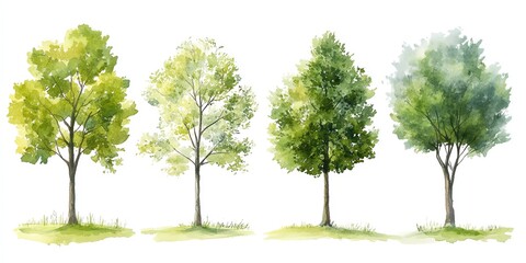 Obraz premium Watercolor Trees in a Row Simple Green Tones Fresh Spring Look