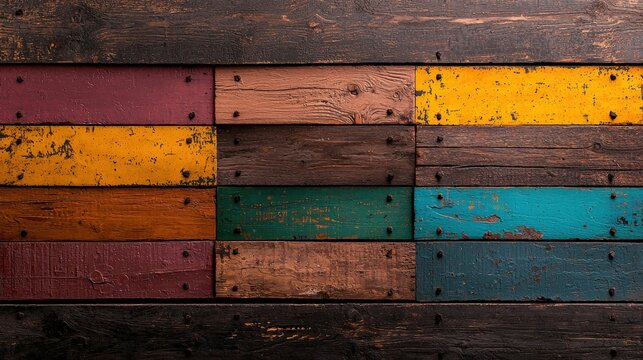 A colorful wooden wall with a green stripe