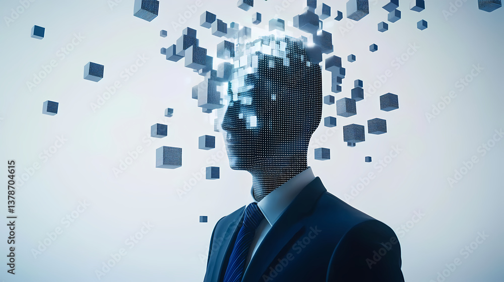 Poster businessman transforming into digital pixelated self with floating cubes