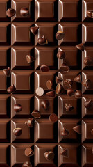 Fototapeta premium A high-resolution close-up image depicts a milk chocolate bar with numerous chocolate chips falling and scattered across its surface. The chocolate has a glossy sheen and a smooth texture. The