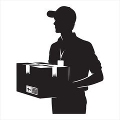 Courier Delivering Carrying Box Silhouette on isolated white background