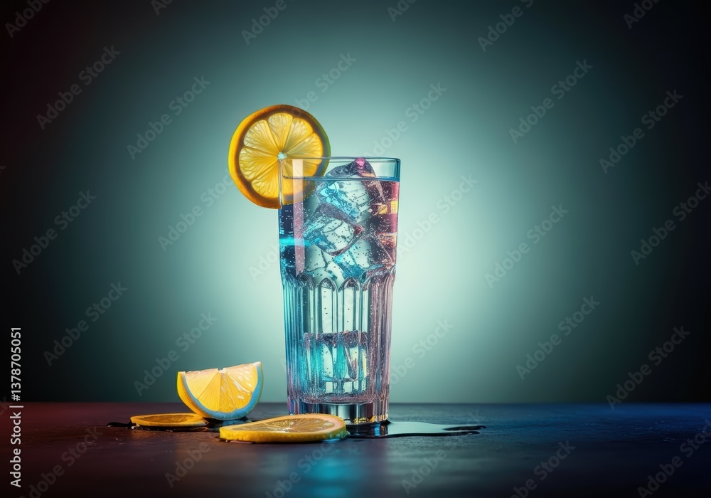 Poster refreshing glass of lemonade with ice and lemon slices on a colorful background