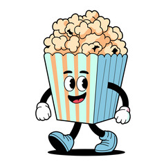 Vector cartoon popcorn box character with arms and legs, striped container concept of cinema snack fun