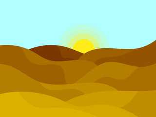 Mountain landscape in a minimalist style, rocks and canyons. Wavy landscape with the sun on the horizon. Boho decor for print, poster and interior design. Modern mid-century decor. Vector illustration