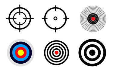 Archery target set. Shoting target set. Set of targets at white background. Concept of archery or reaching the goal in business. Vector illustration. archery target set shooting target