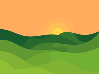 Obraz premium Sunset over green hills. Sun above the horizon of a wavy landscape with green hills and meadows in a minimalist style. Design for covers, wrappers, banners and posters. Vector illustration