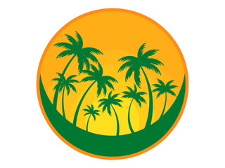 Round banner with a tropical landscape with palm trees against the sun. Green silhouettes of palm trees at sunset. Design for booklets, flyers, posters and travel agencies. Vector illustration