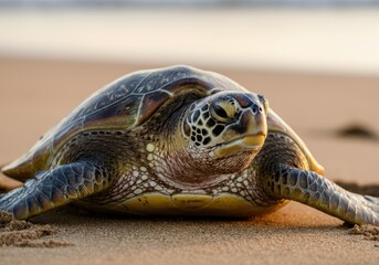 Obraz premium Close-up of a turtle resting on the sandy beach at sunset
