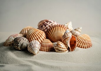 A collection of beautiful seashells arranged on soft sand
