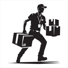 Courier Delivering Carrying Box Silhouette on isolated white background