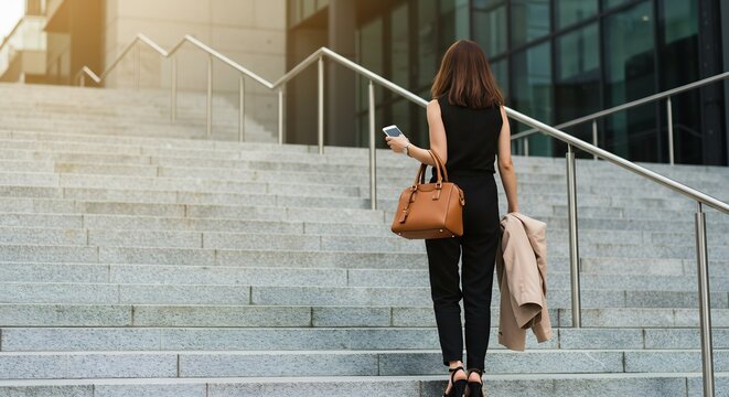 Confident Businesswoman Ascending Modern City Stairs, Holding Smartphone and Stylish Handbag