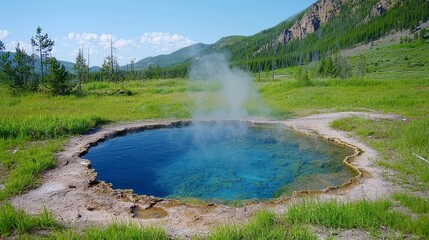 Steaming Blue Hot Spring in Lush Yellowstone Landscape